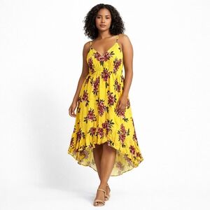 NEW Pacific Vibes Womens 2XL Yellow Floral Maxi Sundress Spaghetti Straps Ruffle